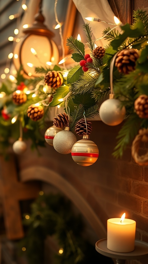 A vintage Christmas background with fairy lights, holly, pinecones, and a glowing candle on a rustic mantel.